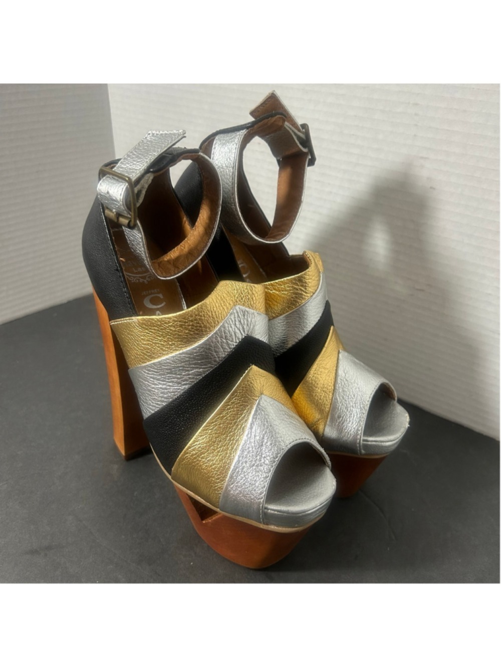 Jeffrey Campbell Metallic Supermodel Rockstar Leather Platform Heels 70s